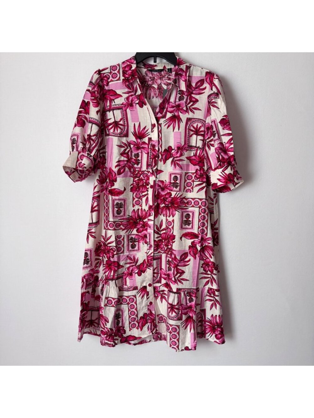 Mlle Gabrielle Women Pink Floral Button Front Shirt Dress Size M